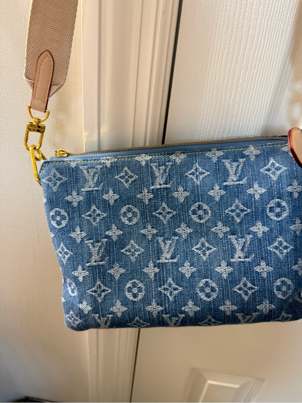 Blue Denim Monogram Crossbody Pouch with matching wallet